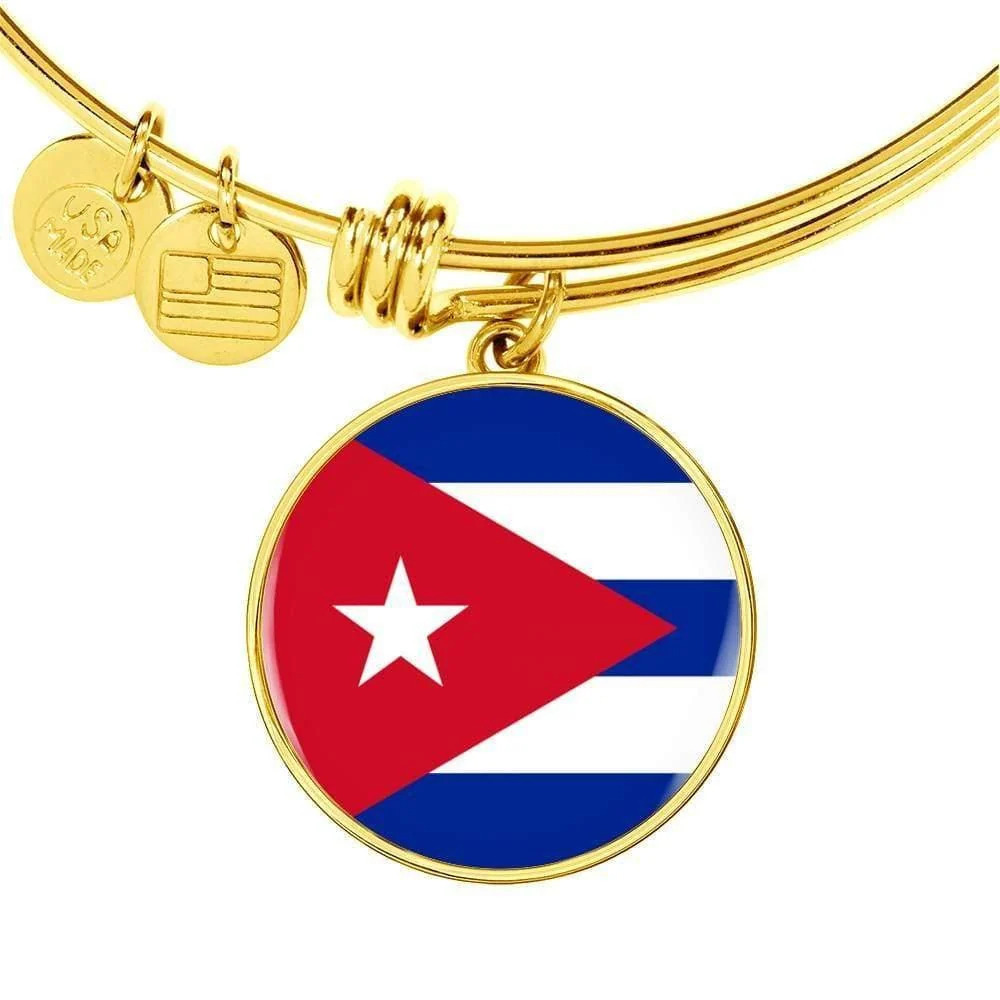Cuba Flag Personalized Engraved Gold Circle Bangle Bracelet Custom Name Date